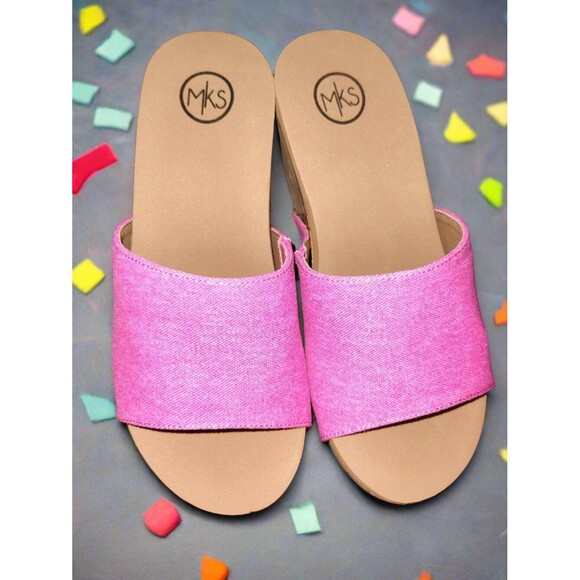 Women's Fuchsia Wedge Sandals With Cork Effect Platform - Picture 2 of 6